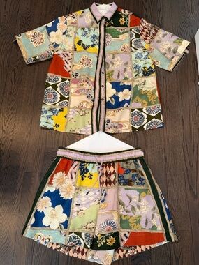 Alemais Patchwork Floral Button-Front Set in Blue, Yellow, Green, Pink